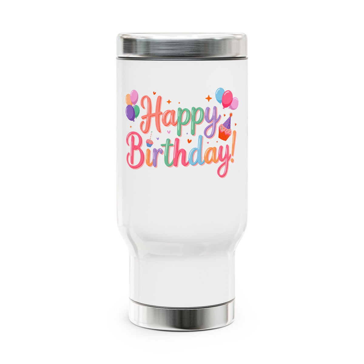 Happy Birthday Travel Mug with Handle, Pastel Balloons and Cupcake Design, Cheerful Coffee Lover Gift for a Friend or Coworker's Workday