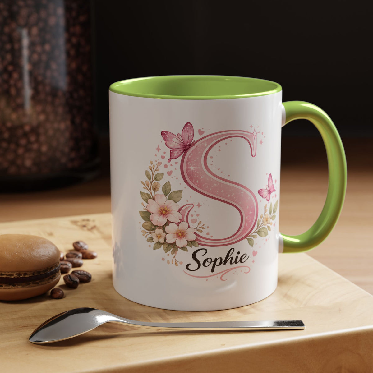 Personalized Butterfly Initial Mug, Custom Name Coffee Mug for Girls and Women, Pink Floral Monogram Cup, Birthday Gift, Custom Letter Mug