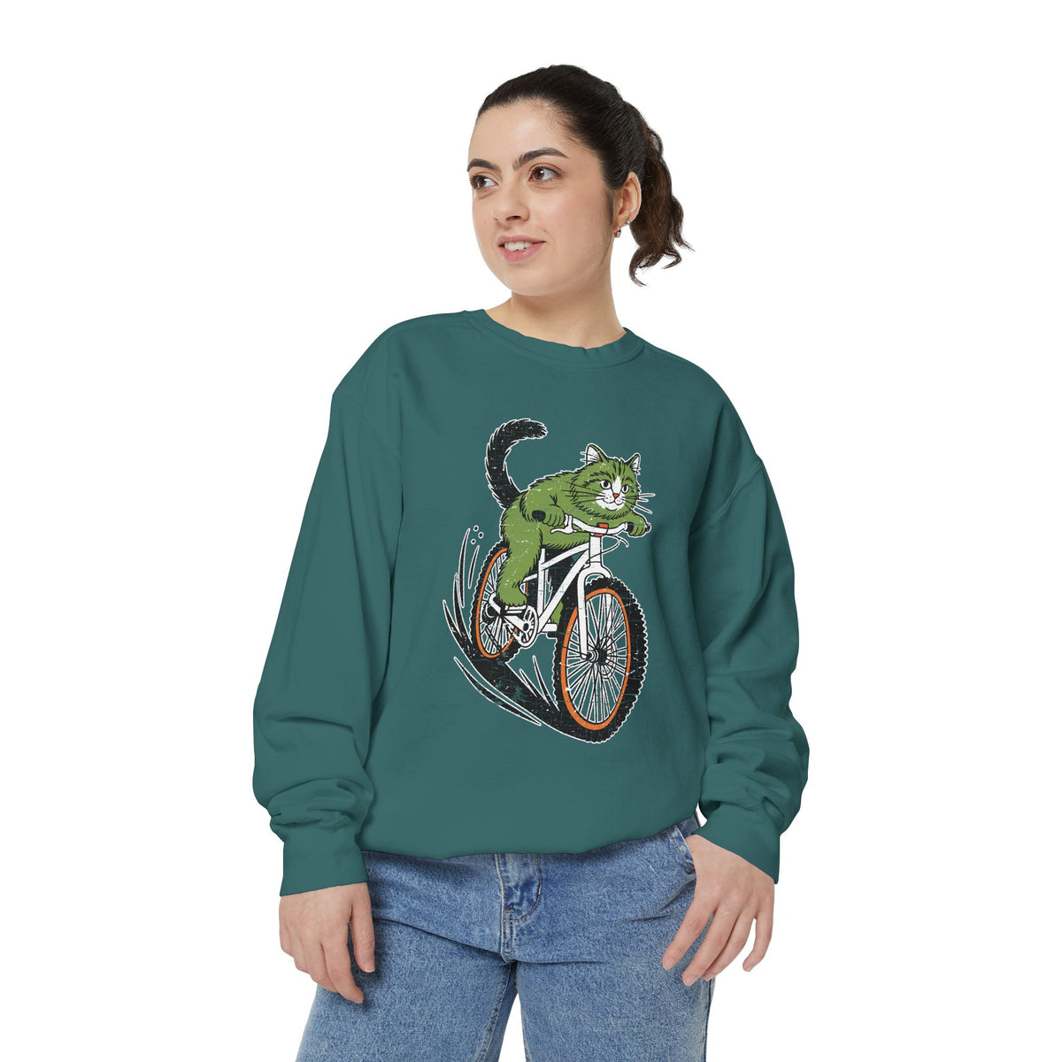 Mountain Bike Cat Sweatshirt, Funny Cycling Kitty Crewneck, Cat Lover Gift, Outdoor Adventure Graphic Cozy Biker Pullover Shirt Top