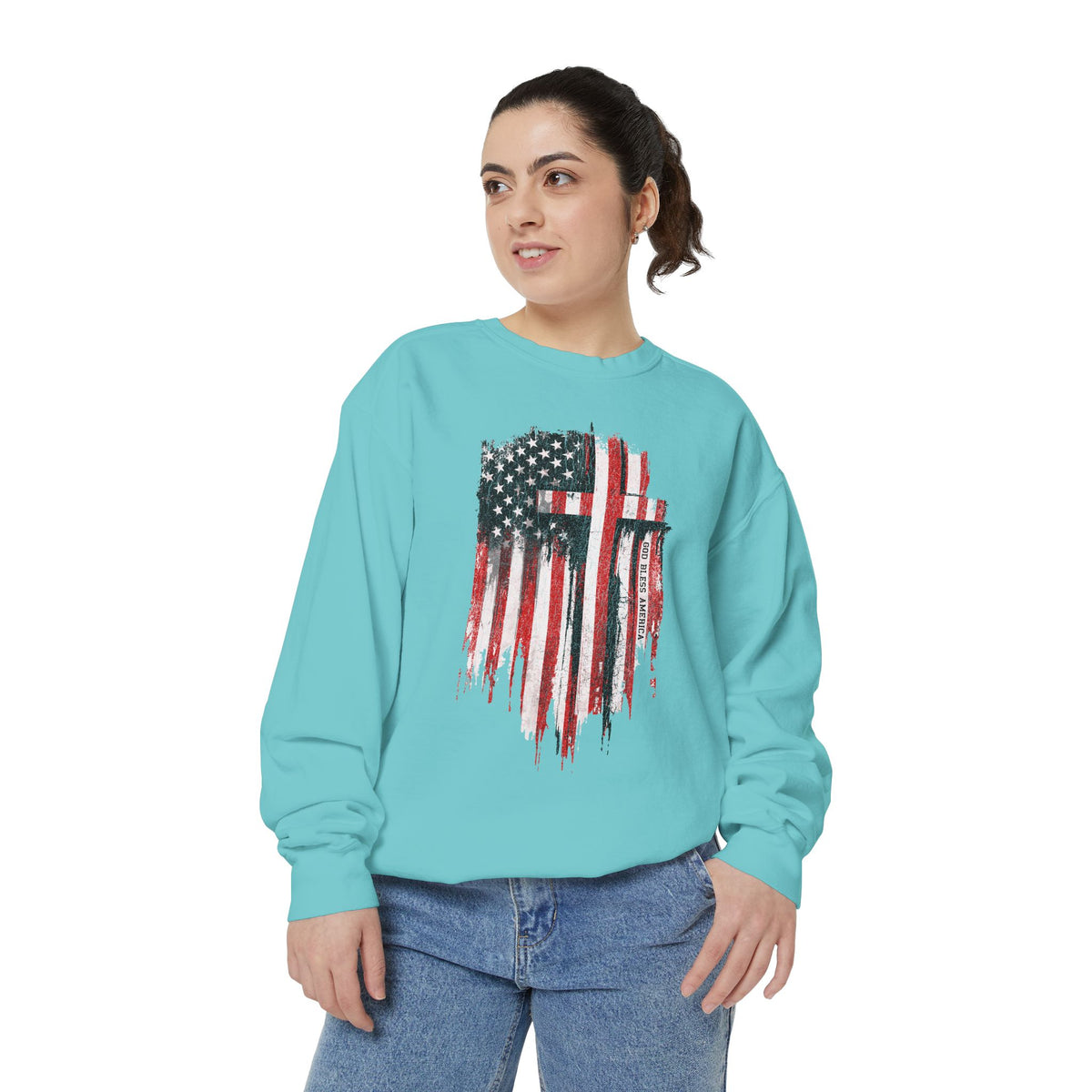 God Bless America Sweatshirt, Distressed American Flag and Cross Graphic, Patriotic Christian Gift for Church Events and Everyday Faith