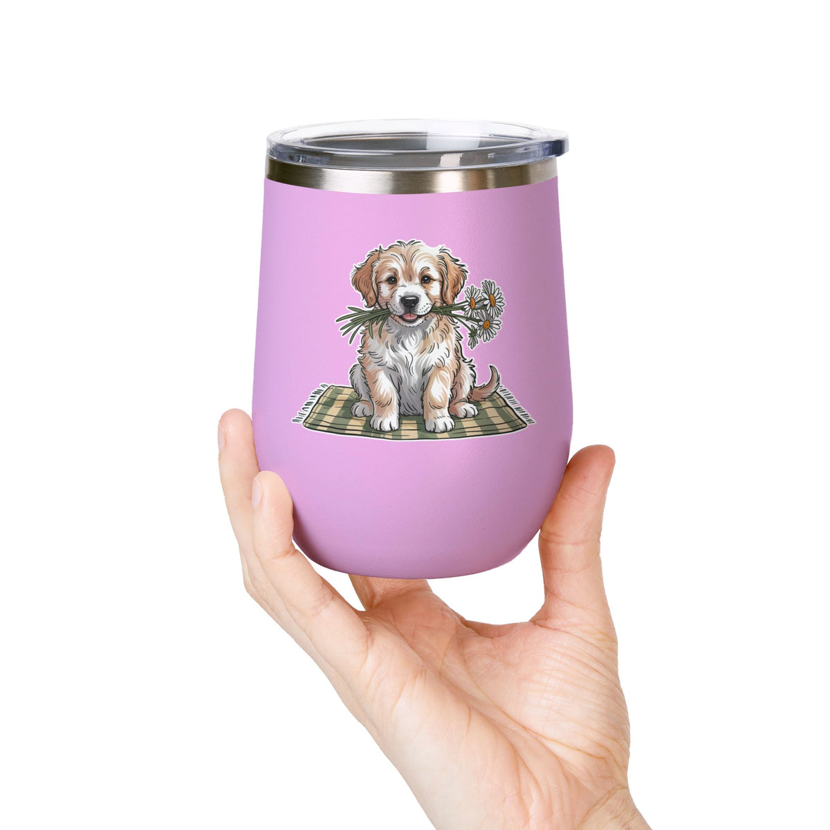 Golden Puppy Wine Tumbler, Cute Dog and Flower Cup, Gift for Dog Moms, Puppy Lovers, Pet Parents and Animal Lovers