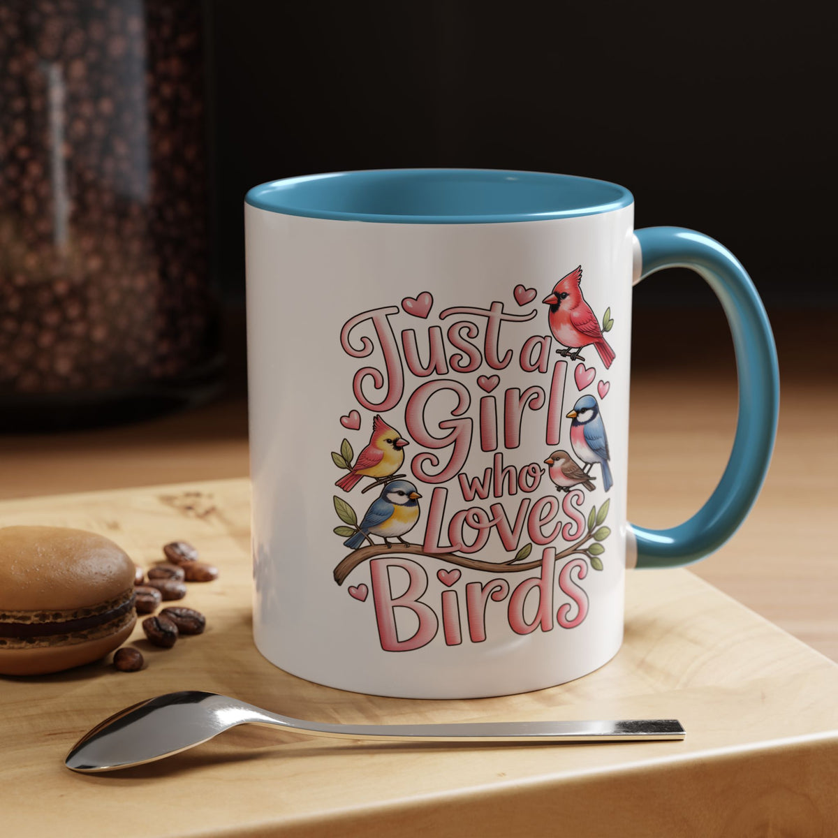 Bird Lover Coffee Mug, Just a Girl Who Loves Birds Quote, Pink Lettering and Garden Songbird Design, Birthday Gift for a Birdwatching Friend