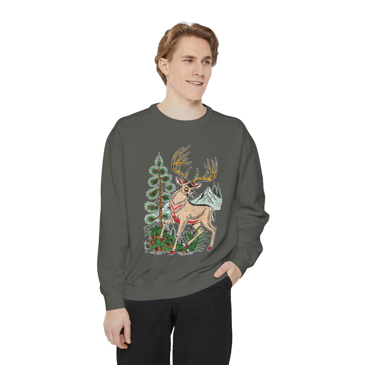 Woodland Deer Sweatshirt, Rustic Stag and Mountain Graphic, Gift for Wildlife Lovers and Hikers, Forest Inspired Cabin Weekend Clothing