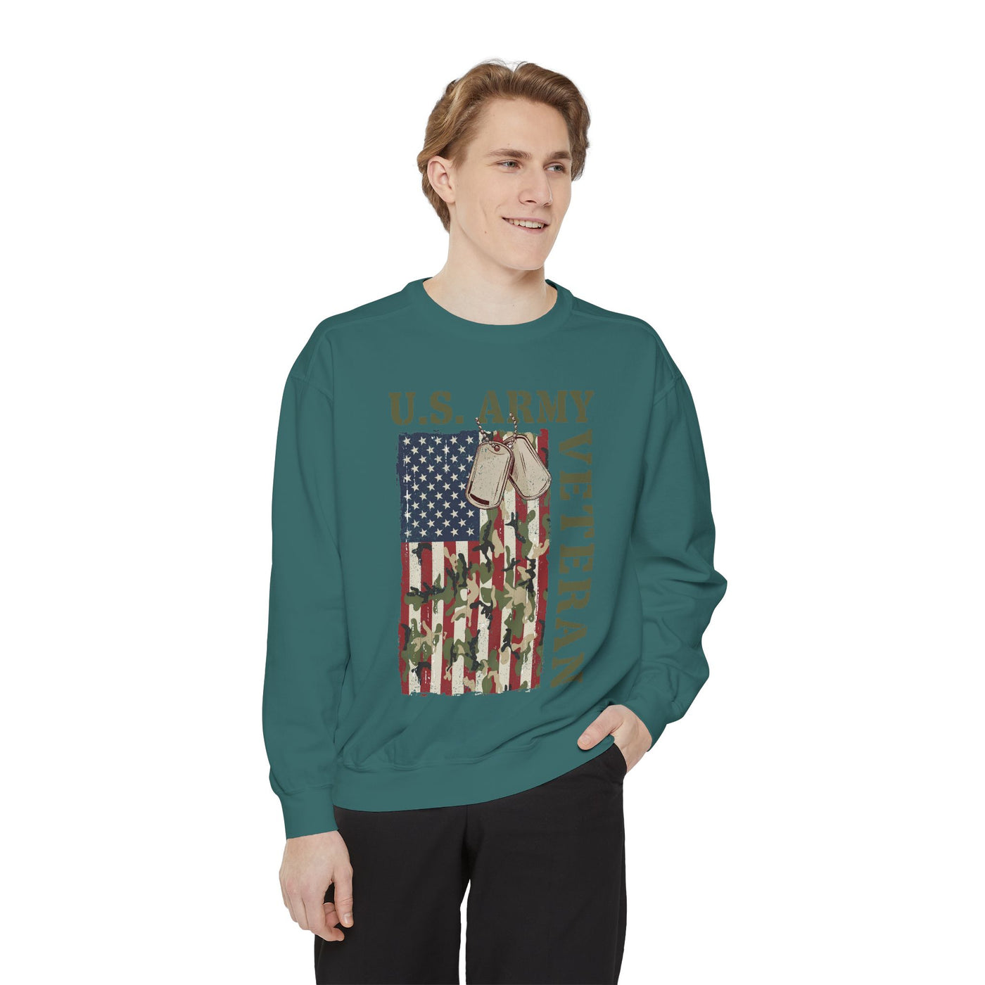 US Army Veteran Sweatshirt, American Flag Camo Crewneck, Military Dog Tag Pullover, Patriotic Soldier Gift, Retirement or Veterans Day Top