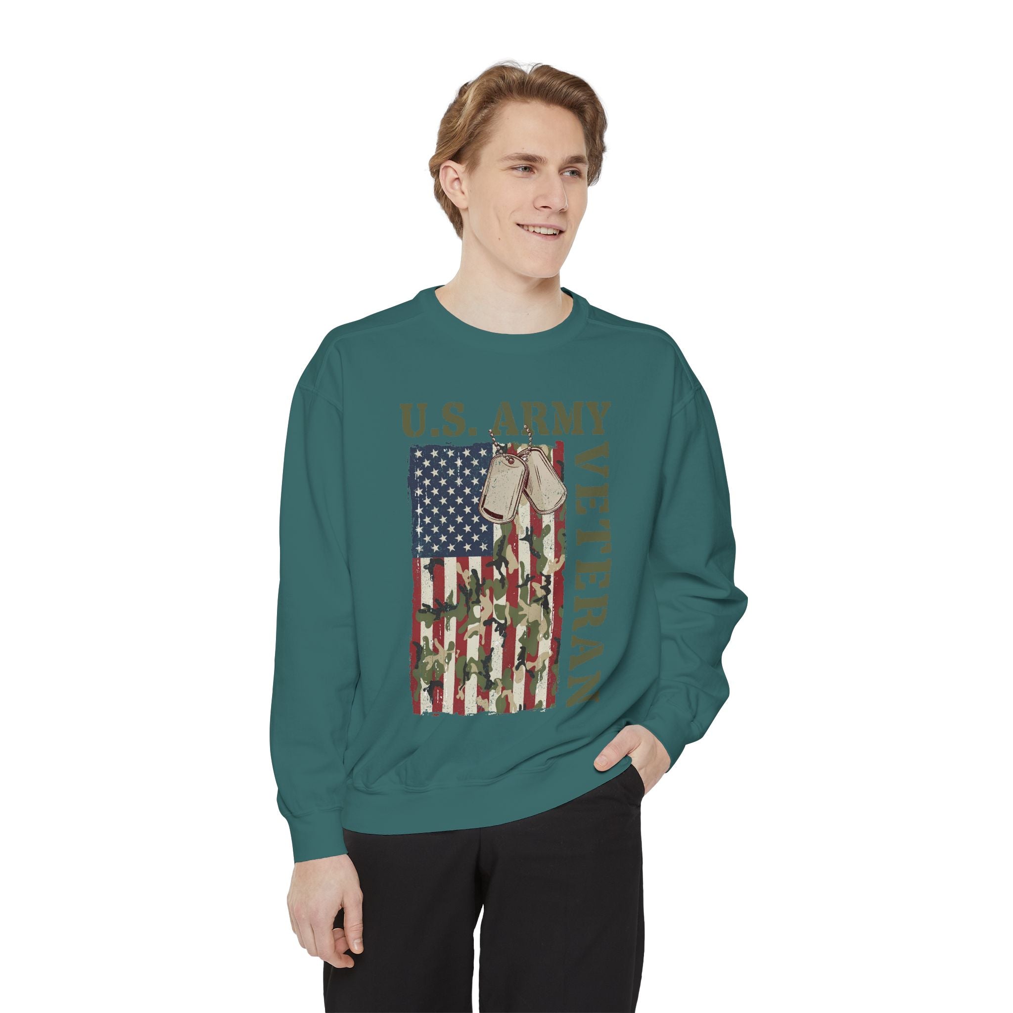 US Army Veteran Sweatshirt, American Flag Camo Crewneck, Military Dog Tag Pullover, Patriotic Soldier Gift, Retirement or Veterans Day Top