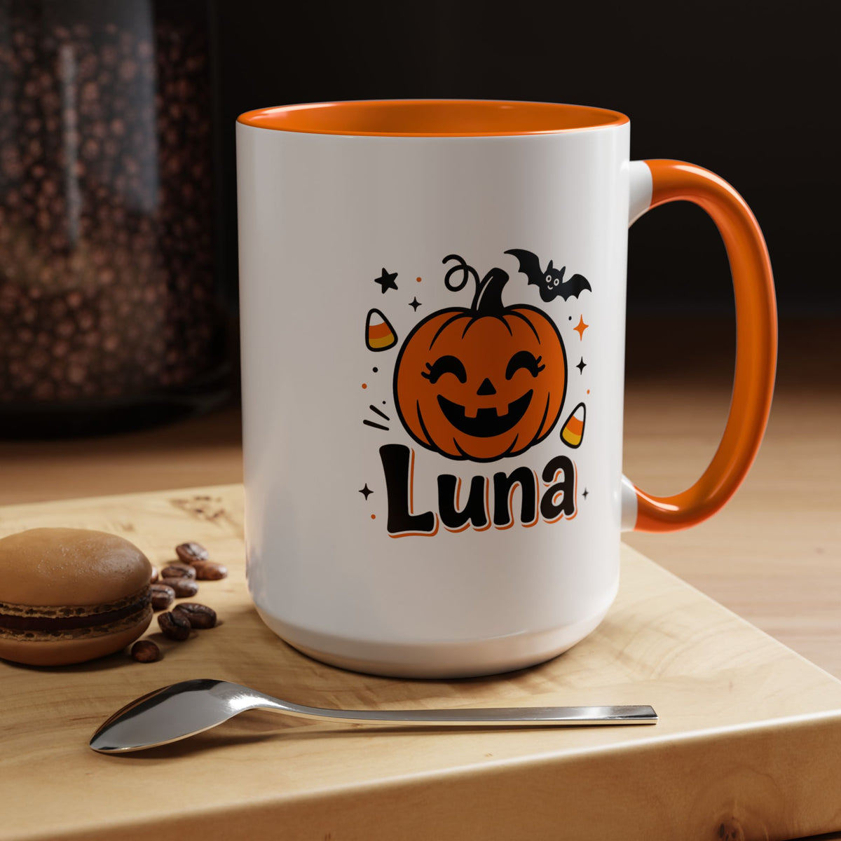 Personalized Halloween Name Mug, Custom Luna Pumpkin Coffee Cup, Cute Kids Trick or Treat Gift, Fall Birthday Present for Little Girl