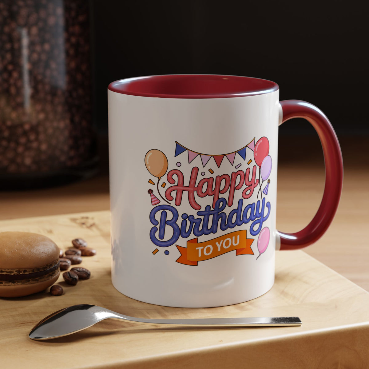 Happy Birthday to You Coffee Mug, Pink and Blue Balloons with Party Bunting, Cheerful Gift for a Sister or Best Friend's Daily Coffee Break