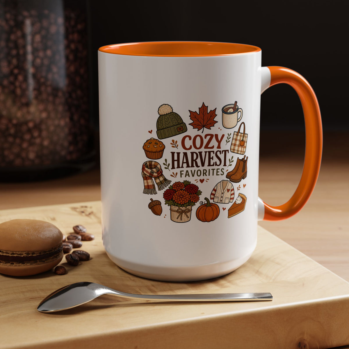 Cozy Harvest Coffee Mug, Cute Autumn Favorites Cup, Fall Gift for Her, Pumpkin Spice Lover Birthday Present, Thanksgiving Kitchen Decor