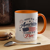 Proud to Be American Coffee Mug with US Flag, Patriotic 4th of July Gift for Veterans, Blessed to Be Free Red White and Blue Tea Cup