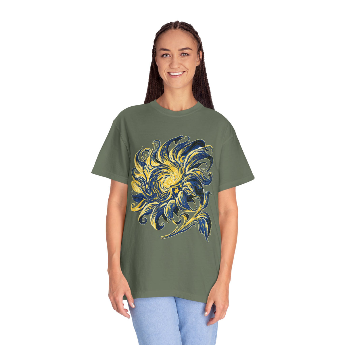 Celestial Sun Graphic Shirt, Blue and Gold Cosmic T-Shirt, Mystical Night Sky Tee, Astrology Gift for Stargazers and Dreamers, Gift Idea