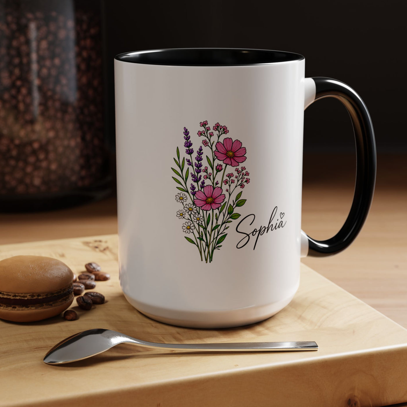 Personalized Floral Name Mug, Custom Wildflower Coffee Cup for Her, Birthday Gift for Women, Botanical Friend or Coworker Keepsake