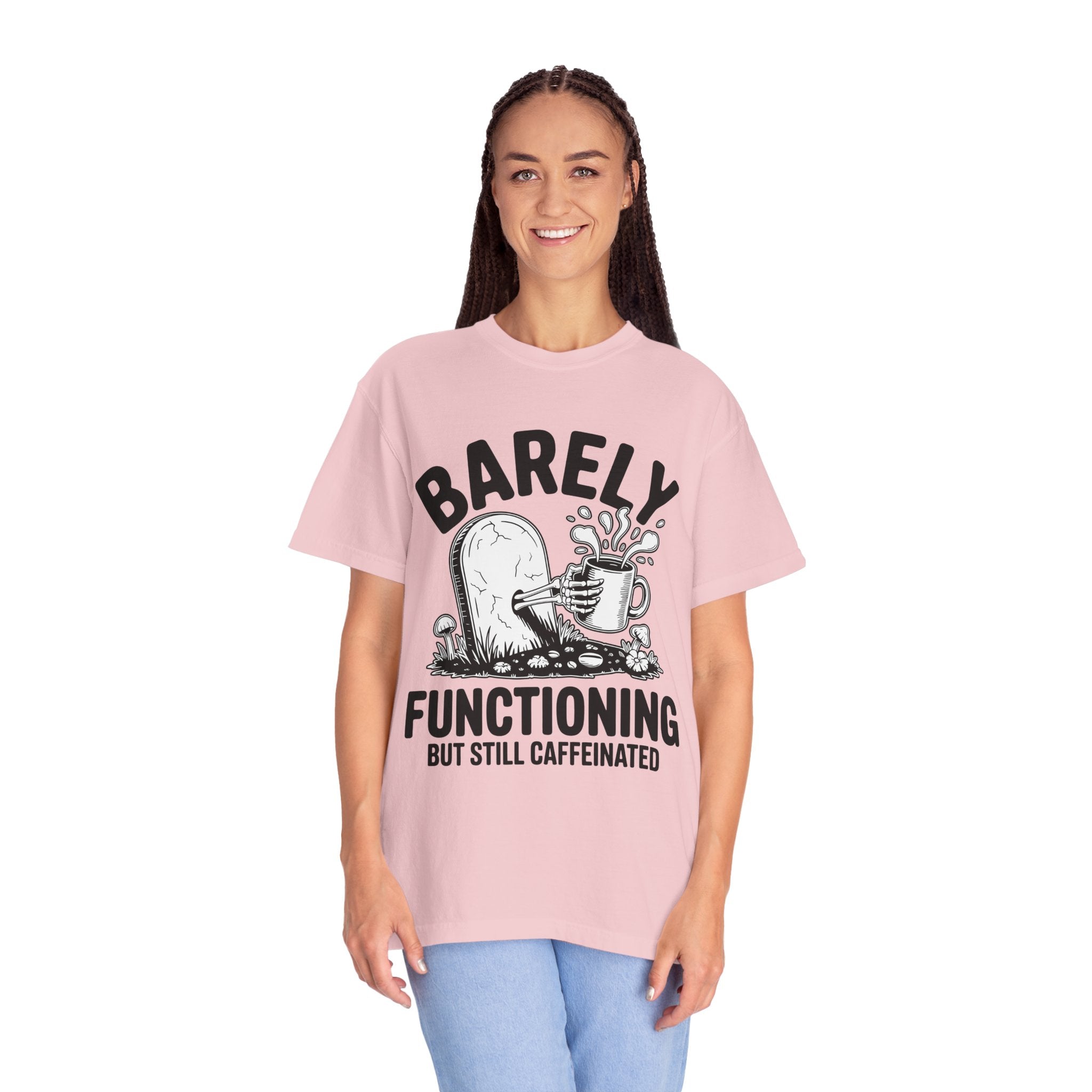 Funny Coffee Lover Comfort Colors Shirt, Barely Functioning But Still Caffeinated Tee, Gothic Humor Graphic Shirt, Espresso Addict Gift