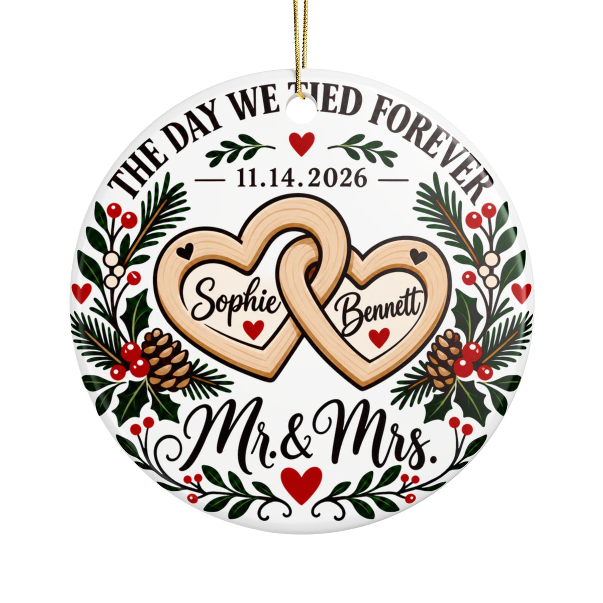 Personalized Wedding Christmas Ornament, Heart Design with Couple Names and Wedding Date, Mr and Mrs Holiday Keepsake Gift for Newlyweds