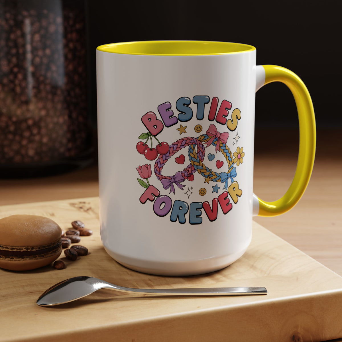 Best Friends Coffee Mug, Besties Forever Friendship Bracelet Design, Colorful Birthday Gift for a Best Friend or Long Distance Coffee Buddy