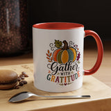 Gather With Gratitude Mug, Colorful Pumpkin Thanksgiving Coffee Cup, Cozy Fall Hostess Gift, Autumn Kitchen and Harvest Decor