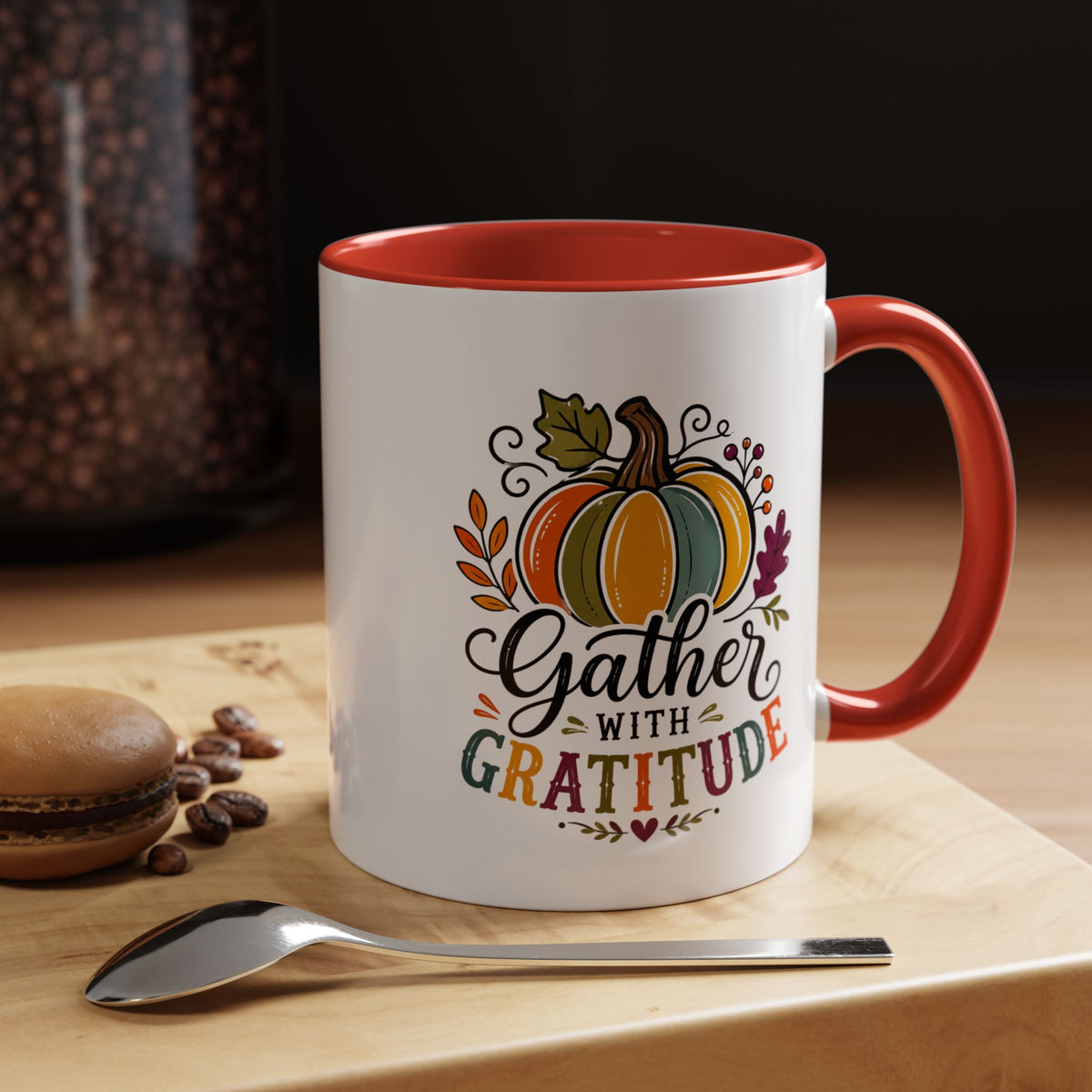 Gather With Gratitude Mug, Colorful Pumpkin Thanksgiving Coffee Cup, Cozy Fall Hostess Gift, Autumn Kitchen and Harvest Decor