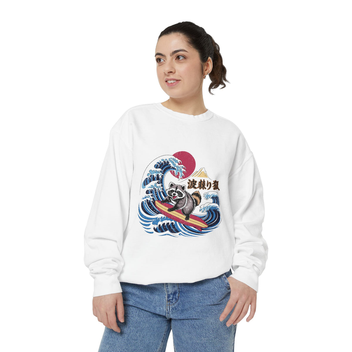 Japanese Surfing Raccoon Sweatshirt, Retro Wave Graphic Crewneck, Funny Animal Surfer Gift, Japan Inspired Beachwear Cozy Pullover
