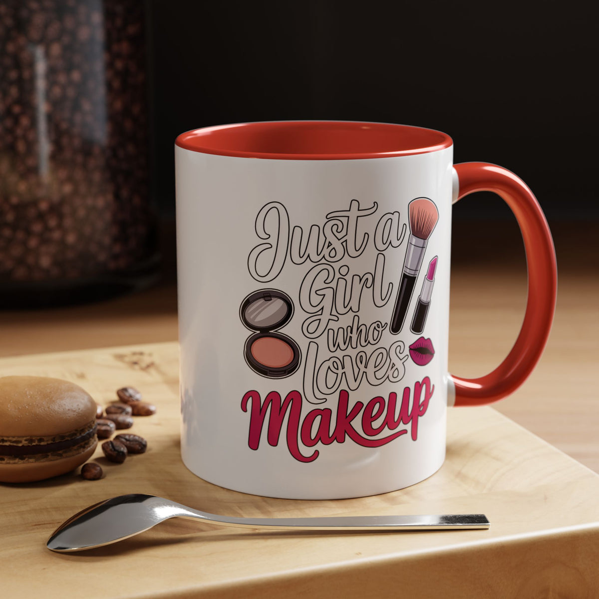 Makeup Lover Coffee Mug, Just a Girl Who Loves Makeup Quote, Lipstick and Brush Design, Birthday Gift for Beauty Enthusiast or Makeup Artist
