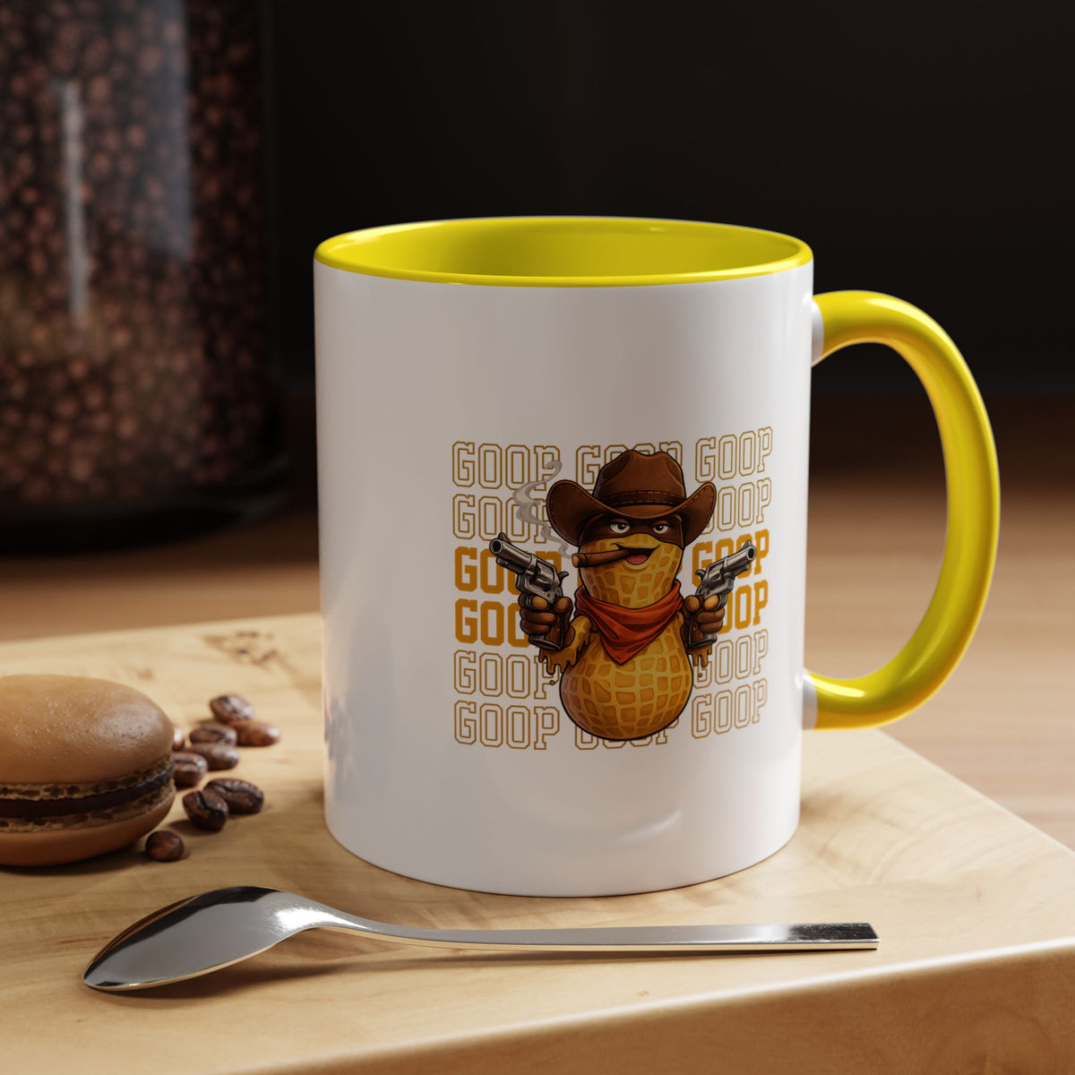 Good Repeating Slogan Cowboy Peanut Mug, Funny Western Office Joke Gift for Coworkers, Sarcastic Outlaw Ceramic Tea Cup with Dark Blue Handle
