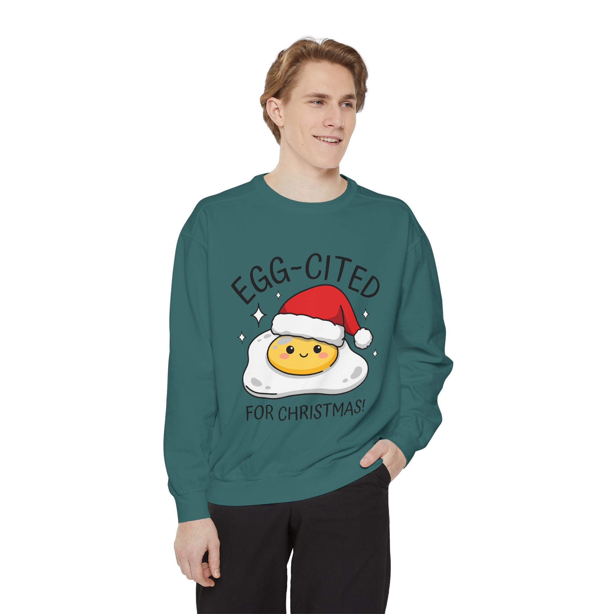 Egg-Cited for Christmas Sweatshirt, Funny Fried Egg Crewneck, Cute Food Pun Holiday Pullover, Christmas Breakfast Gift for Brunch Lover