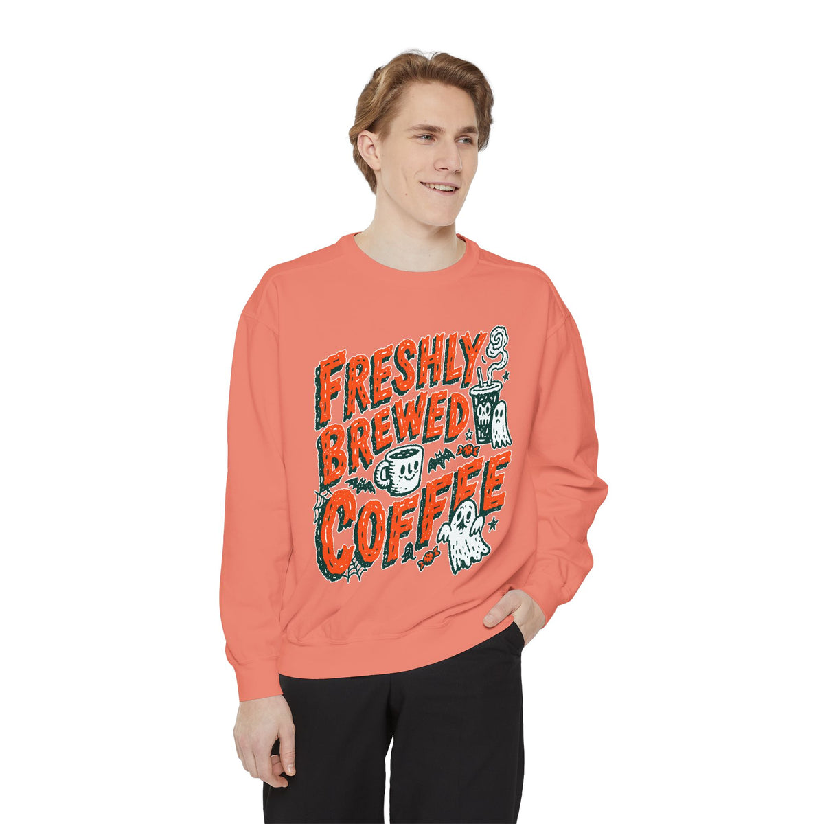 Coffee Lover Halloween Sweatshirt, Freshly Brewed Coffee Ghost Pullover, Cute Spooky Season Gift for Barista and Caffeine Fan, Gift for Her