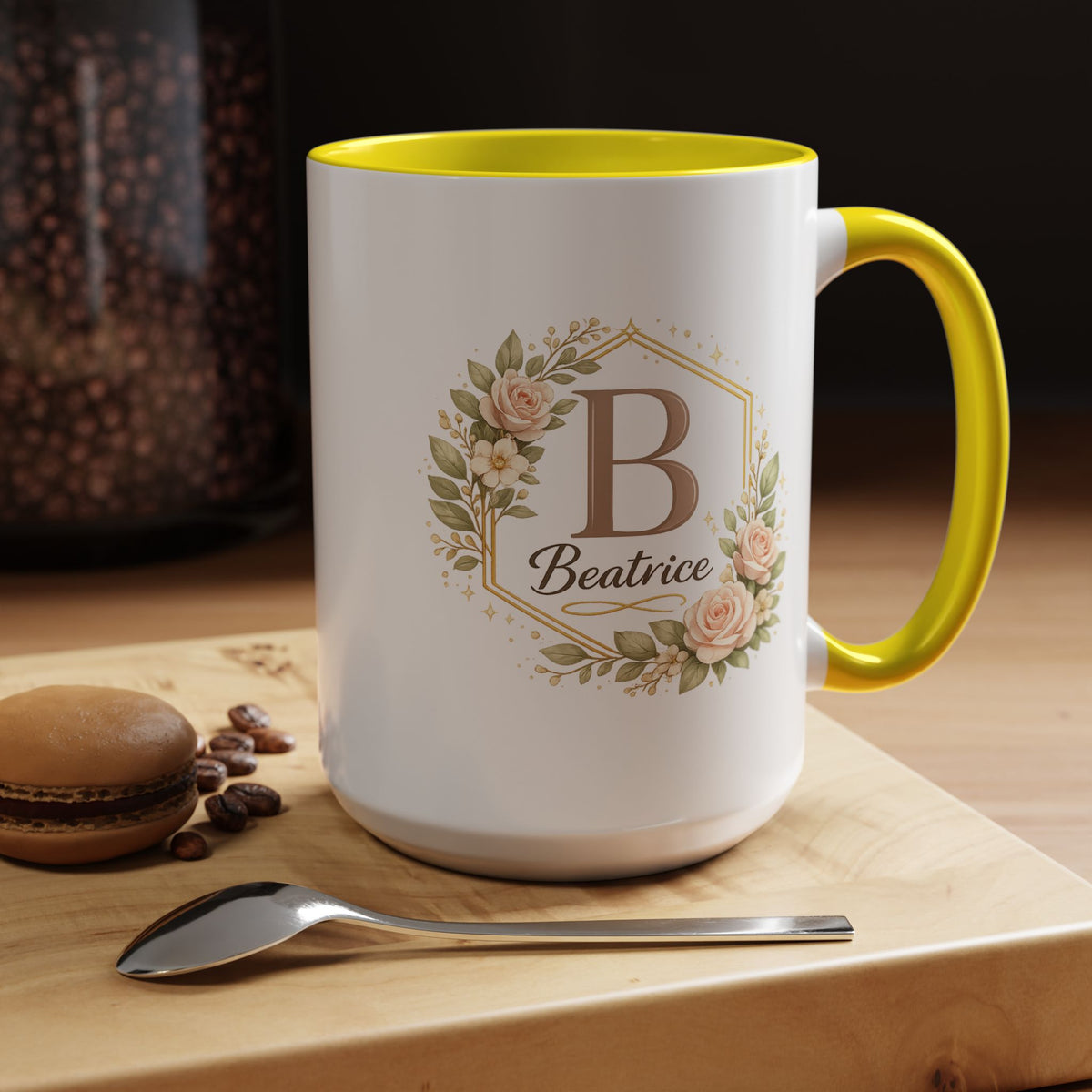 Personalized Floral Monogram Mug, Custom Name Coffee Mug with Elegant Initial Letter, Botanical Gift for Women, Bridesmaid Birthday Cup