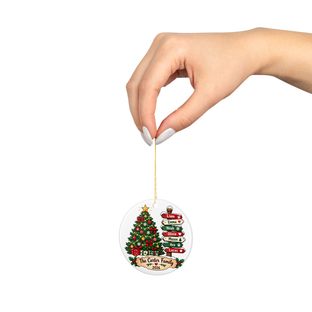Personalized Family Christmas Ornament, Custom Names on Festive Signpost with Christmas Tree and Year, Holiday Keepsake Gift for Parents