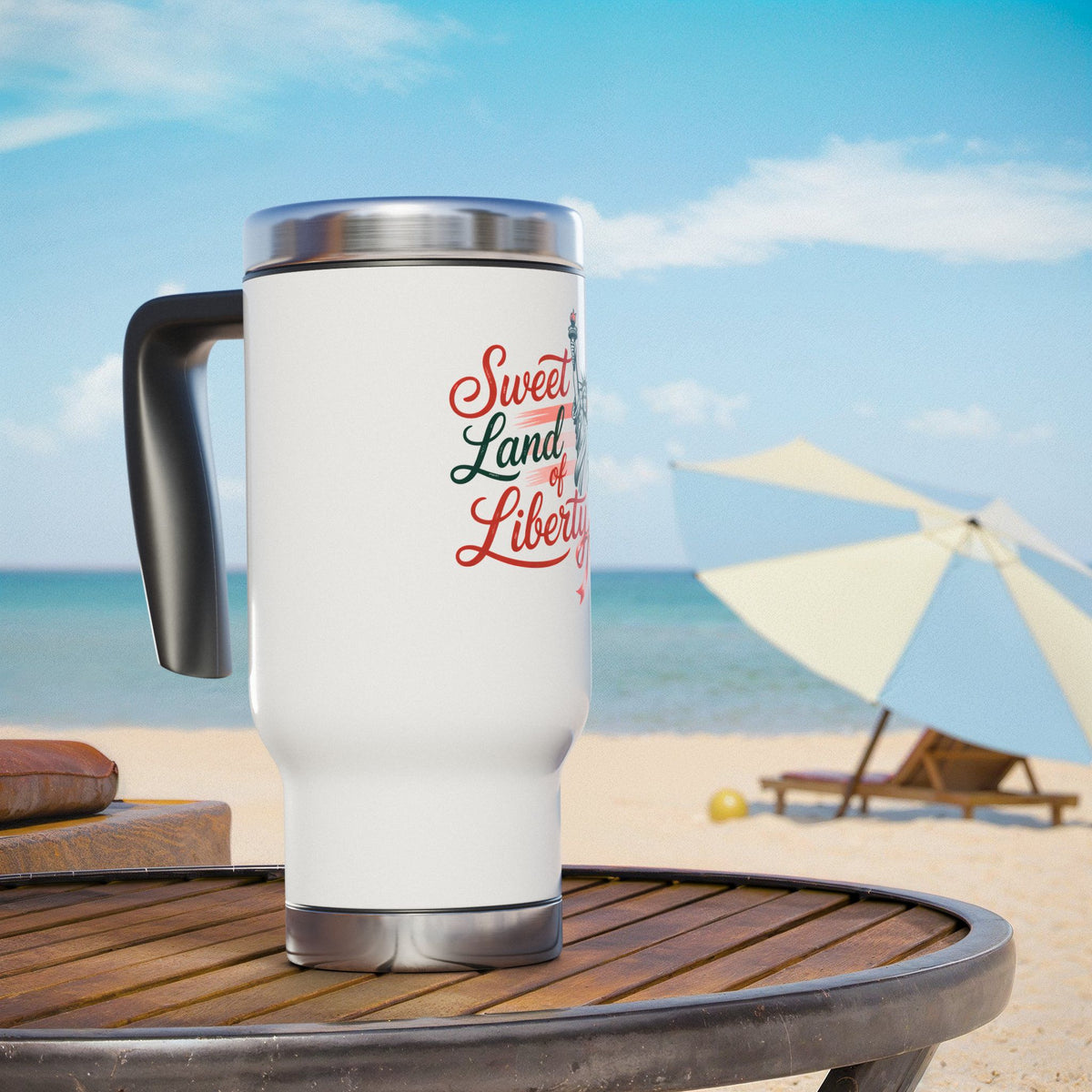 Sweet Land of Liberty Stainless Steel Travel Mug, Patriotic Coffee Cup, American Gift for Her, USA Drinkware, 4th of July Travel Mu