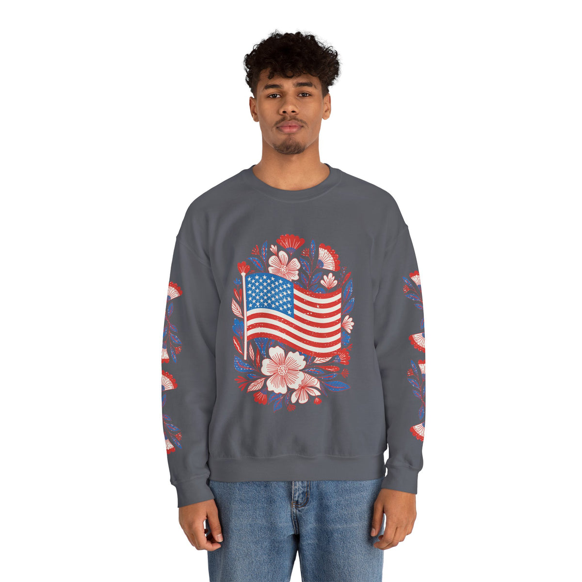 Floral American Flag Sweatshirt, Patriotic USA Pullover, Red White Blue Flower Top, Fourth of July Outfit, Americana Gift for Women