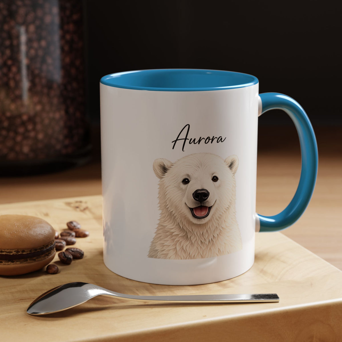 Custom Polar Bear Coffee Mug with Name, Personalized Arctic Animal Gift for Kids, Cute Winter Holiday Ceramic Tea Cup with Orange Handle