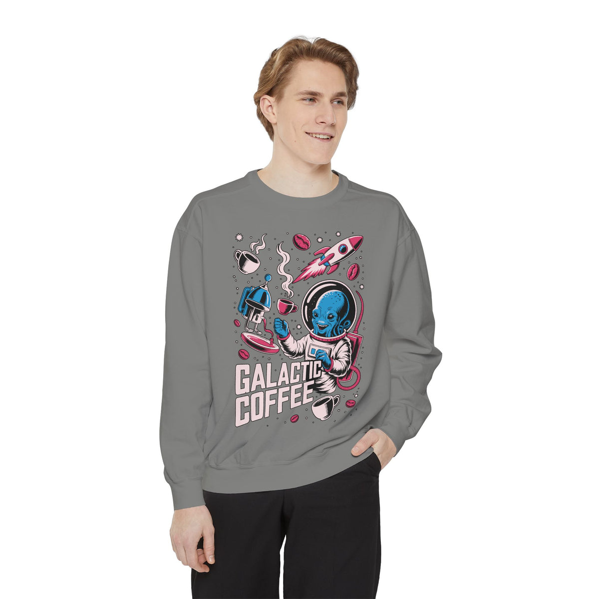Galactic Coffee Comfort Colors Sweatshirt, Funny Alien Coffee Lover Shirt, Space Nerd Sweatshirt, Sci Fi Gift for Coffee Fans