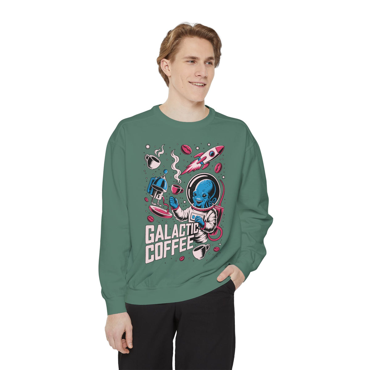 Galactic Coffee Comfort Colors Sweatshirt, Funny Alien Coffee Lover Shirt, Space Nerd Sweatshirt, Sci Fi Gift for Coffee Fans