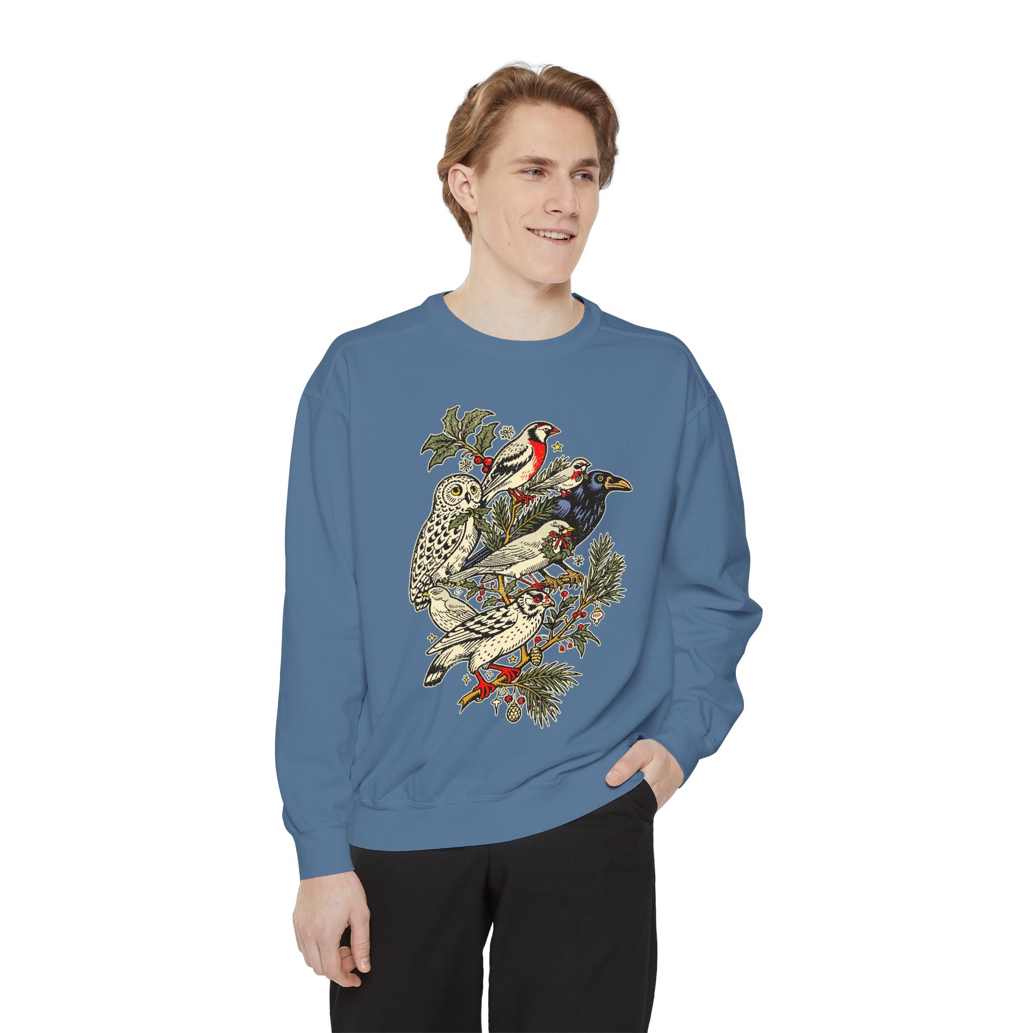 Winter Birds Graphic Sweatshirt, Vintage Woodland Pullover for Bird Lovers, Festive Nature Top, Cozy Christmas Gift for Birdwatchers