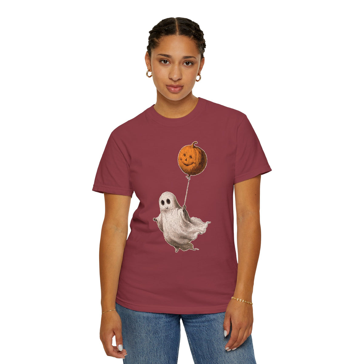 Cute Ghost Halloween Shirt, Pumpkin Balloon Graphic Tee, Vintage Spooky Season Gift for Women, Cozy October Fall Outfit for Ghost Lovers