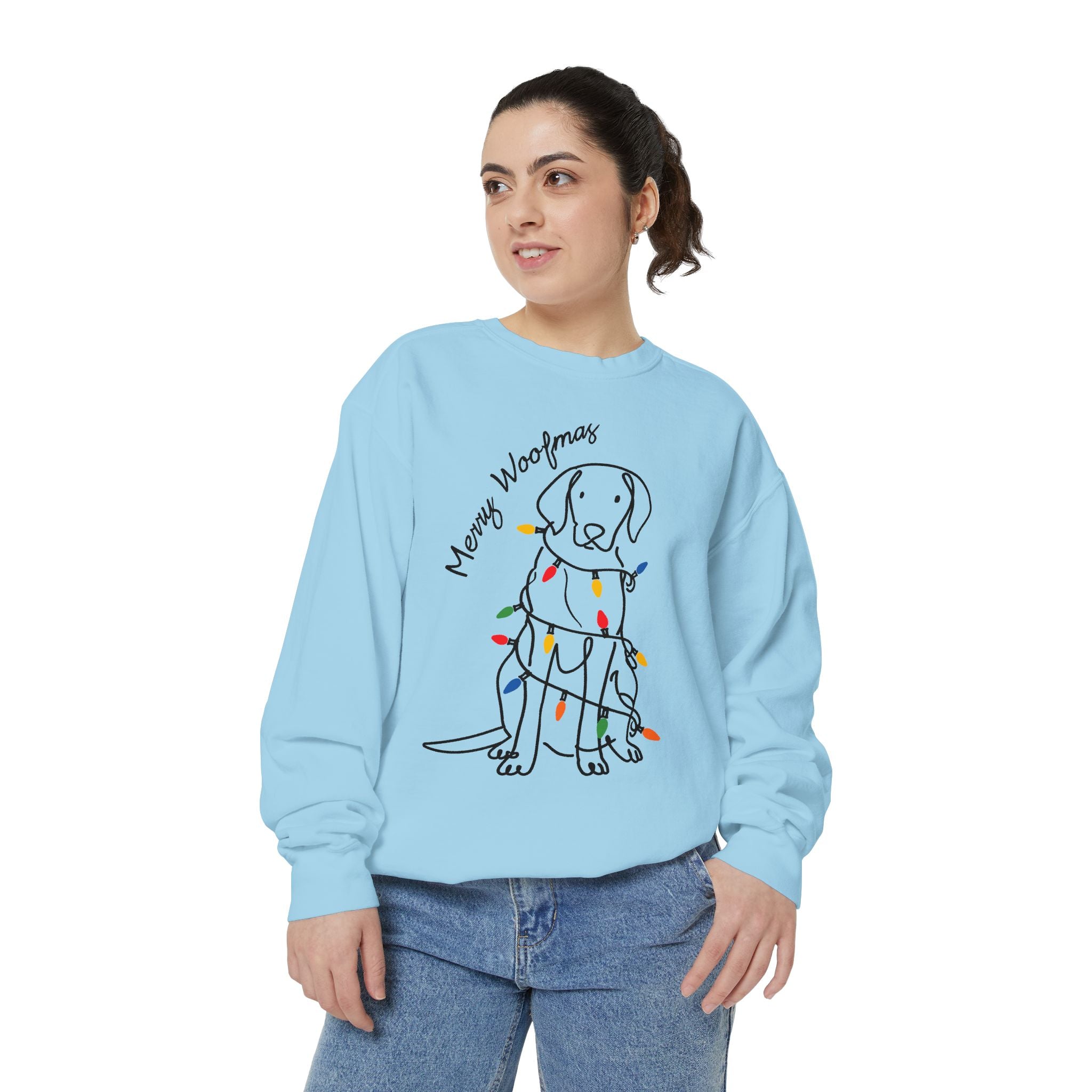 Merry Woofmas Dog Sweatshirt, Funny Christmas Puppy Crewneck, Holiday Lights Pet Lover Pullover, Cute Christmas Gift for Dog Mom or Dog Dad