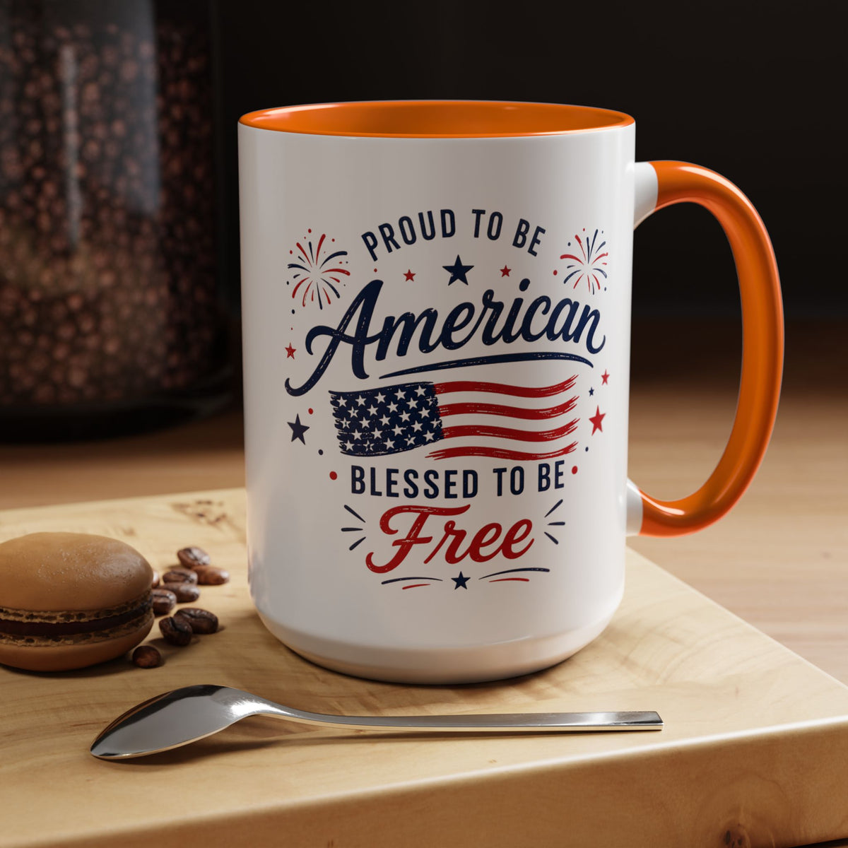 Proud to Be American Coffee Mug with US Flag, Patriotic 4th of July Gift for Veterans, Blessed to Be Free Red White and Blue Tea Cup