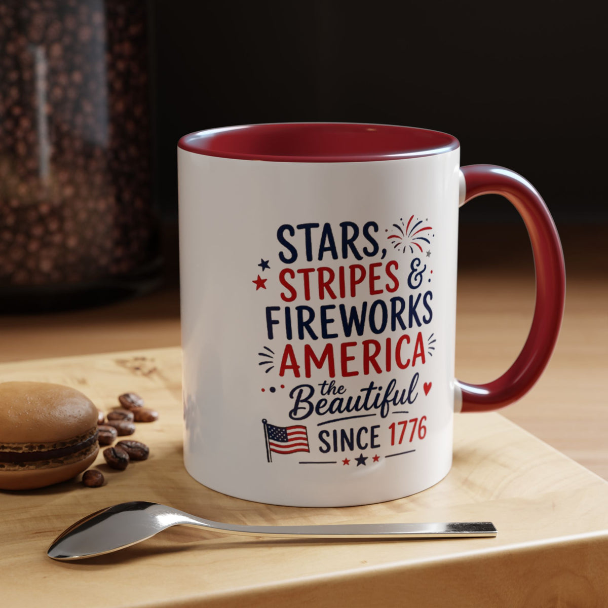 Stars and Stripes Coffee Mug, 4th of July Fireworks Gift for Hostess, America the Beautiful Since 1776 Patriotic Ceramic Tea Cup
