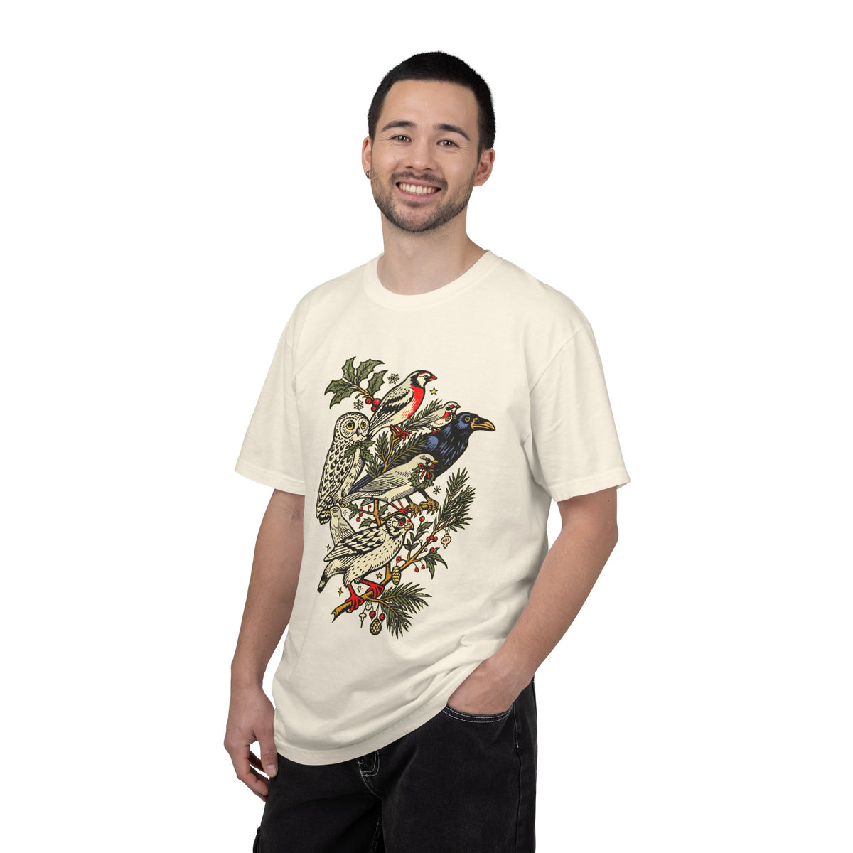 Winter Birds Graphic Shirt, Vintage Woodland T-Shirt for Bird Lovers, Festive Nature Tee, Cozy Christmas Gift for Birdwatchers and Moms