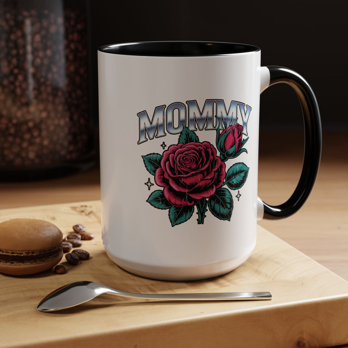 Mommy Coffee Mug, Pink Rose and Teal Leaf Design with Silver Look Lettering, Mother's Day Gift for Mom or a Floral Birthday Present for Her