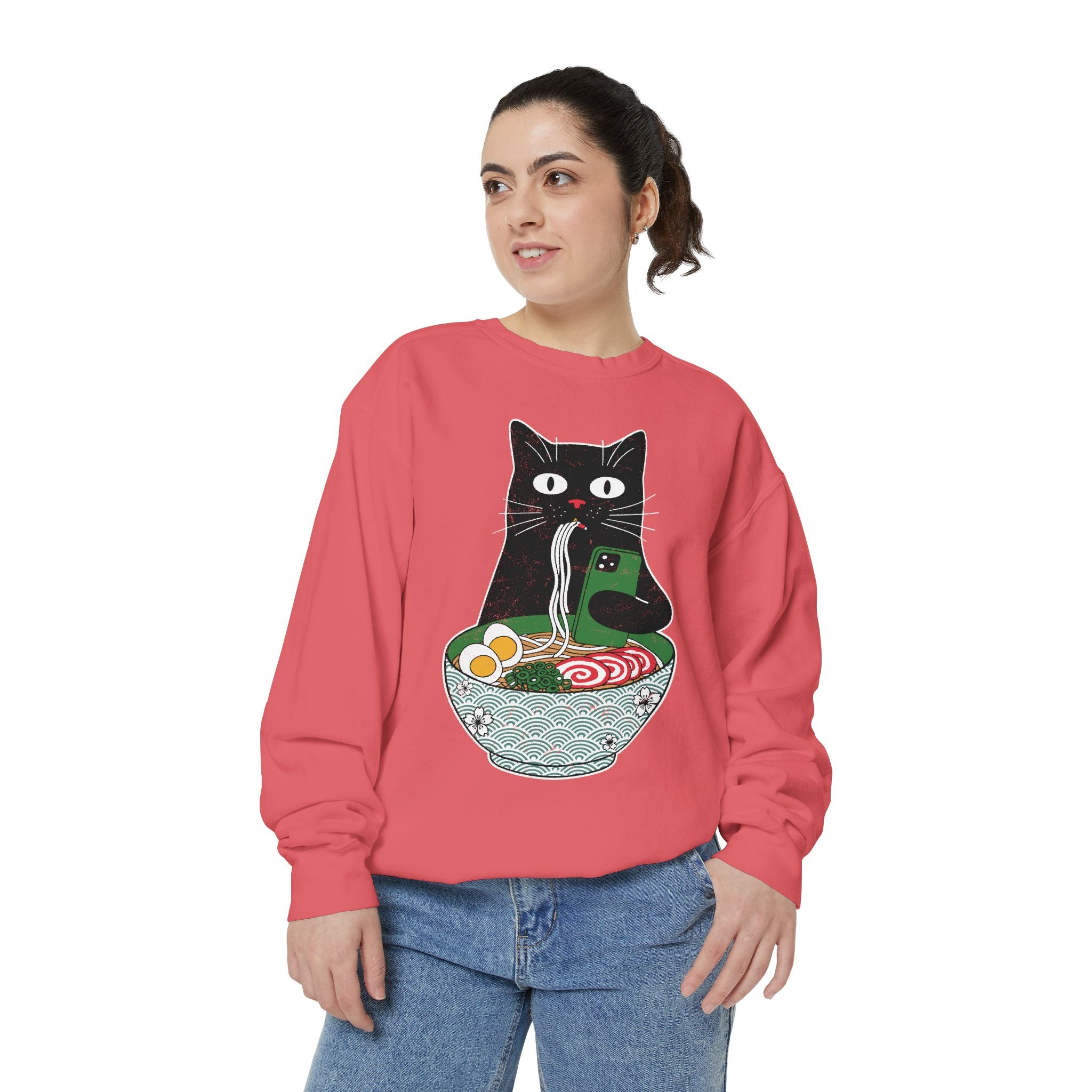 Ramen Cat Comfort Colors Sweatshirt, Funny Cat Eating Noodles Shirt, Cat Lover Graphic Crewneck, Foodie Gift Idea