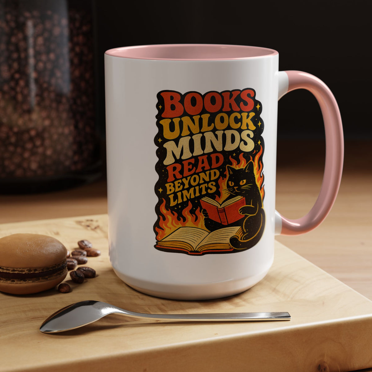 Book Lover Cat Coffee Mug, Reading Cat Mug for Bookworms, Literary Gift for Readers, Librarian Teacher Cup, Books Unlock Minds