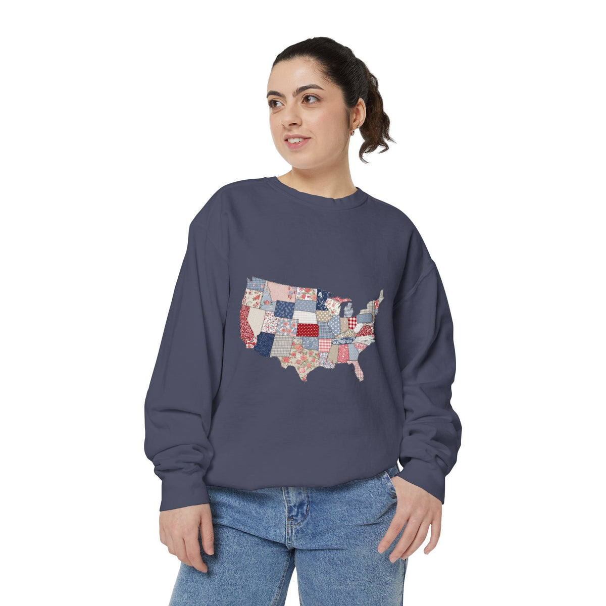 Patchwork USA Map Comfort Sweatshirt, Quilted America Crewneck Sweatshirt, Patriotic Americana Gift, Fourth of July Comfort Sweatshirt