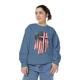 God Bless America Sweatshirt, Distressed American Flag and Cross Graphic, Patriotic Christian Gift for Church Events and Everyday Faith