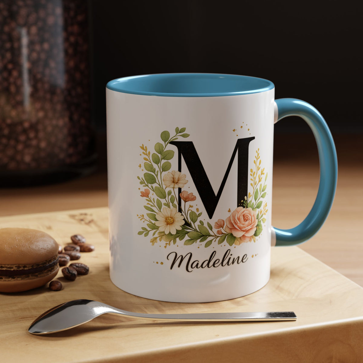 Personalized Floral Monogram Mug, Custom Initial Coffee Mug with Name, Elegant Botanical Gift for Women, Bridesmaid Birthday Gift