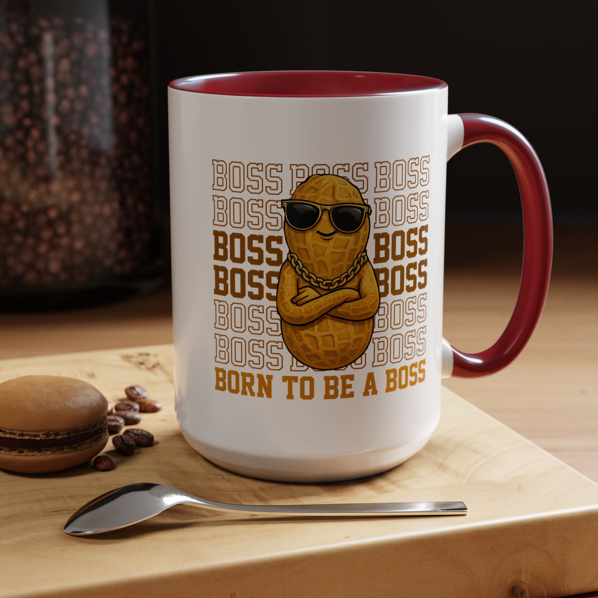 Born To Be A Boss Coffee Mug, Funny Peanut Office Joke Gift for Coworkers, Sarcastic Corporate Manager Ceramic Tea Cup with Orange Handle