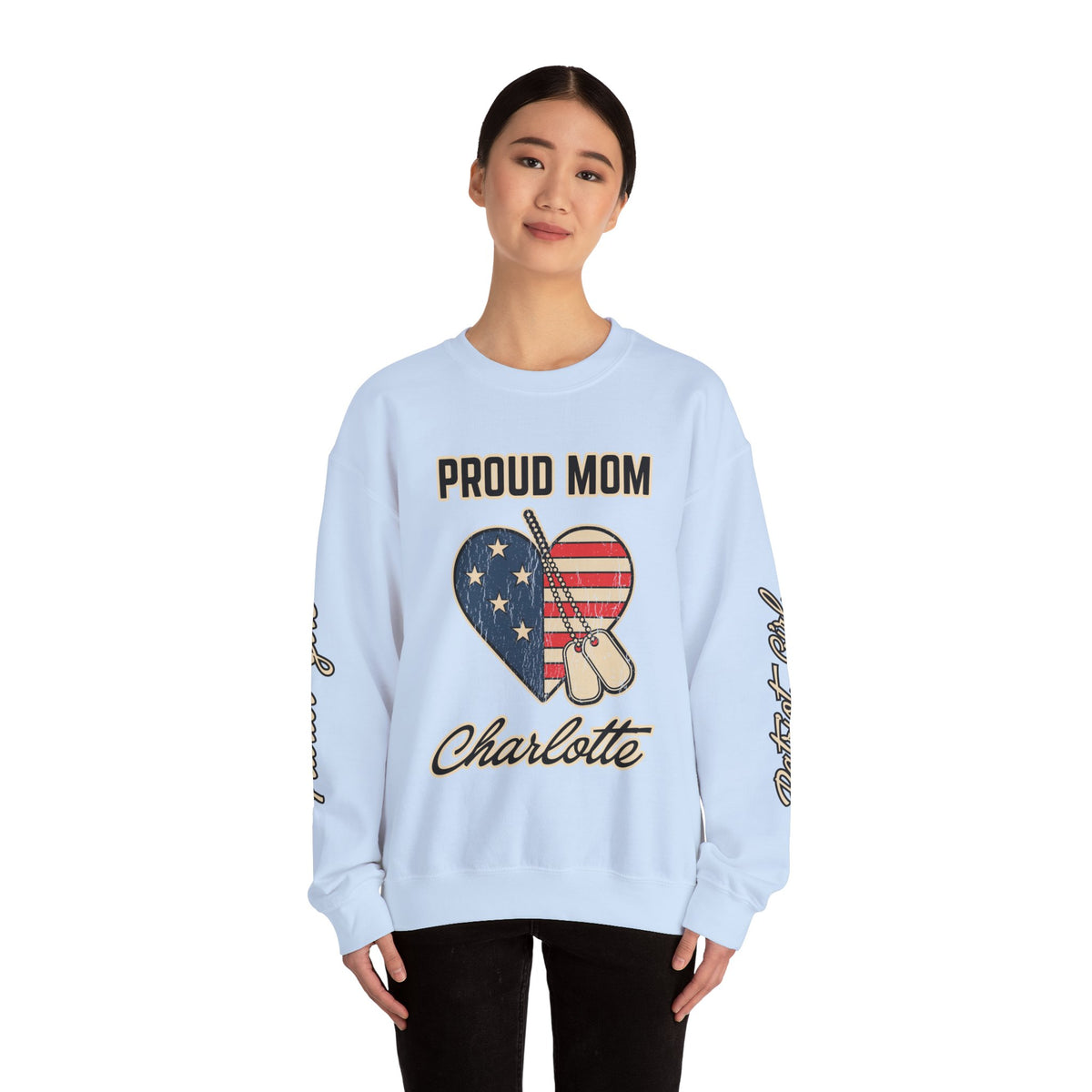 Personalized Proud Mom Sweatshirt, Custom Military Mom Pullover, American Flag Heart Crewneck, Military Mom Gift, Patriotic Mother Shirt