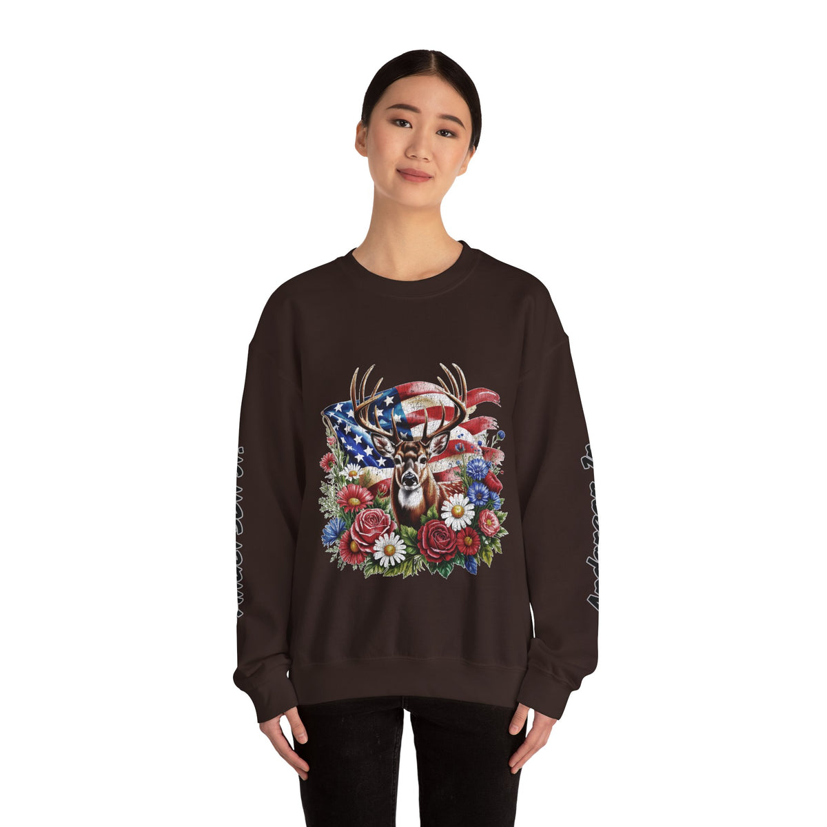 Personalized Hunting Family Sweatshirt, Custom Deer Patriotic Pullover, American Flag Floral Crewneck, Family Gift, Outdoorsman Shirt