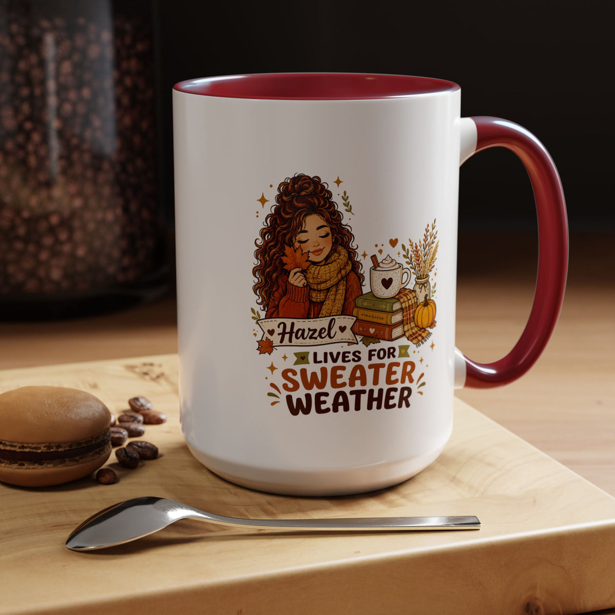 Personalized Sweater Weather Mug, Custom Name Fall Coffee Cup, Cozy Book Lover Gift for Her, Autumn Pumpkin and Reading Design