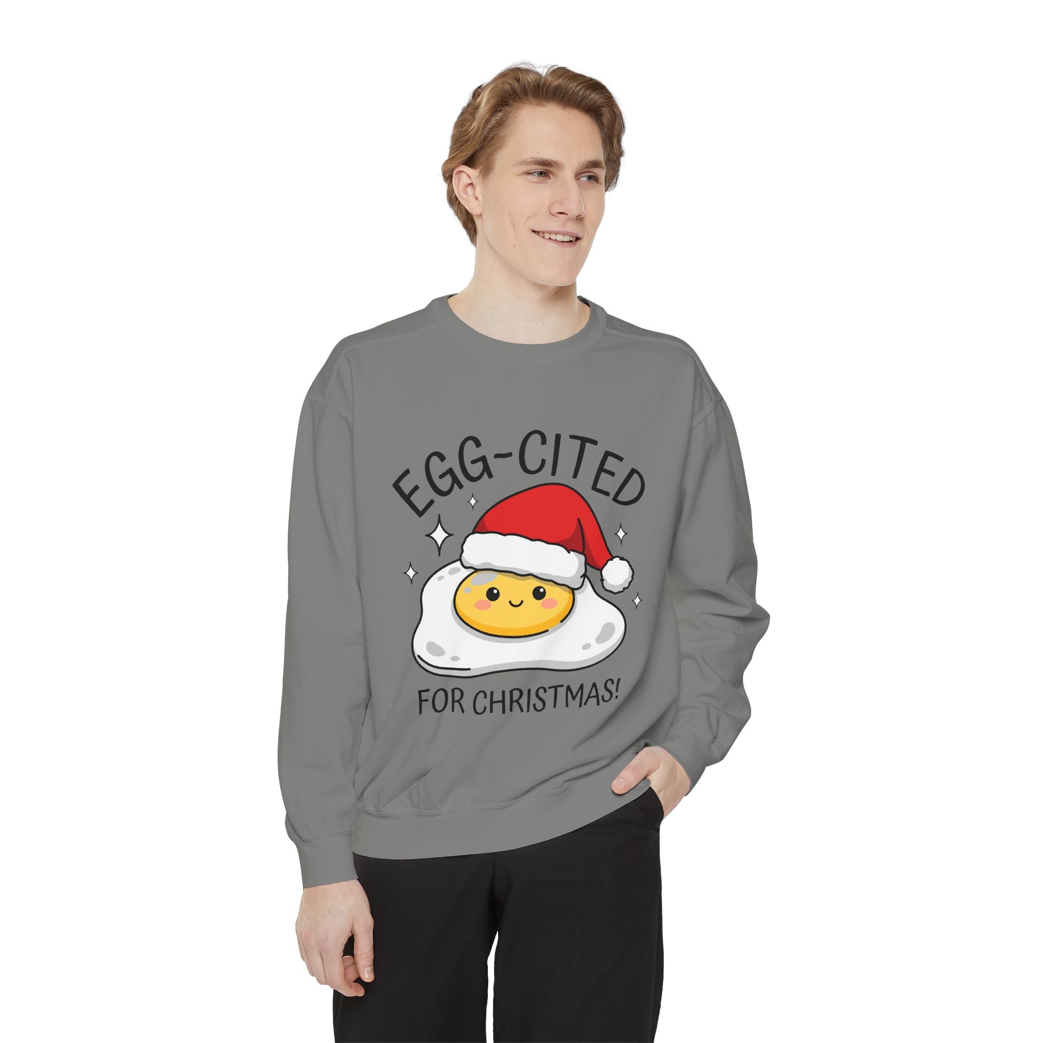 Egg-Cited for Christmas Sweatshirt, Funny Fried Egg Crewneck, Cute Food Pun Holiday Pullover, Christmas Breakfast Gift for Brunch Lover