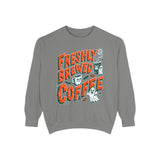 Coffee Lover Halloween Sweatshirt, Freshly Brewed Coffee Ghost Pullover, Cute Spooky Season Gift for Barista and Caffeine Fan, Gift for Her